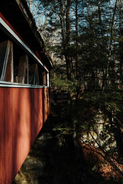 a red covered outdoor structure in a forested area