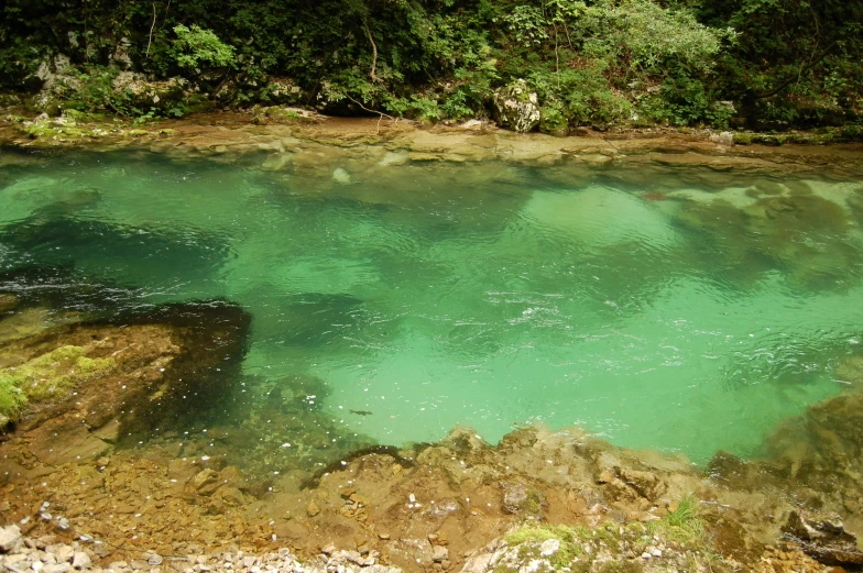 a river running through some green mountains and a lush tree line