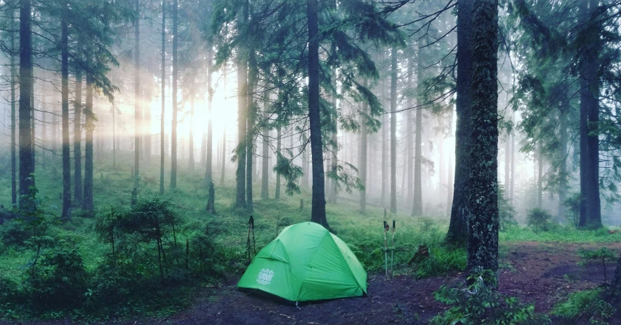a tent in the woods by itself on the ground