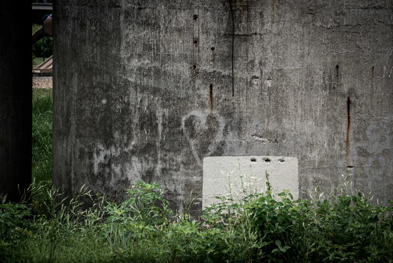 an old concrete structure with peeling paint and green vegetation in the foreground