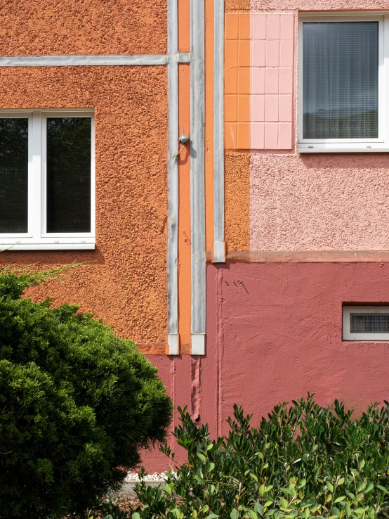 a fire hydrant outside a pink and brown house