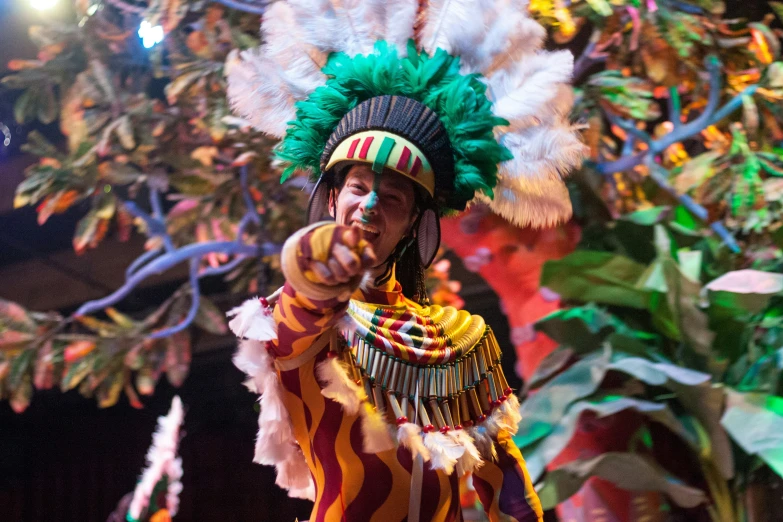 native american man posing in front of colorfully dressed trees