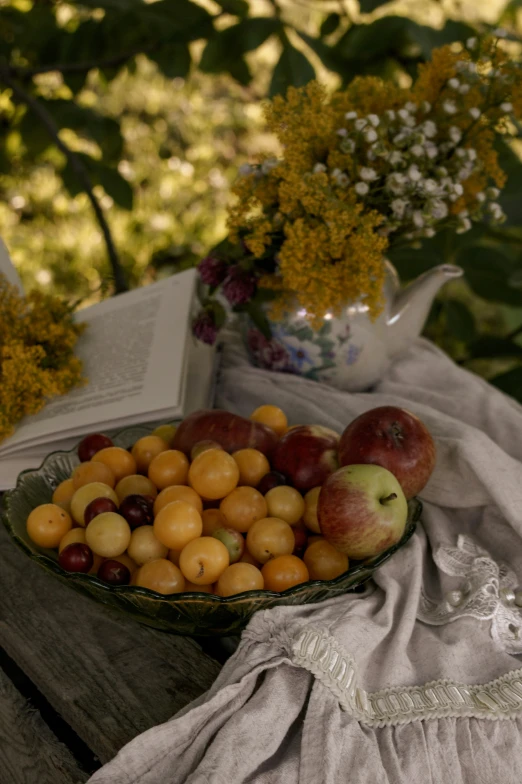 a table holding an open book with a basket of apples