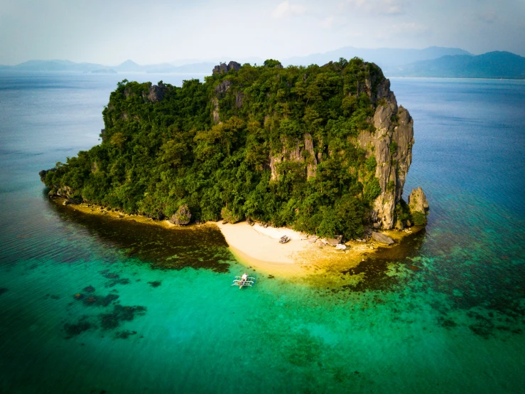 an island with trees in the background on a blue sea