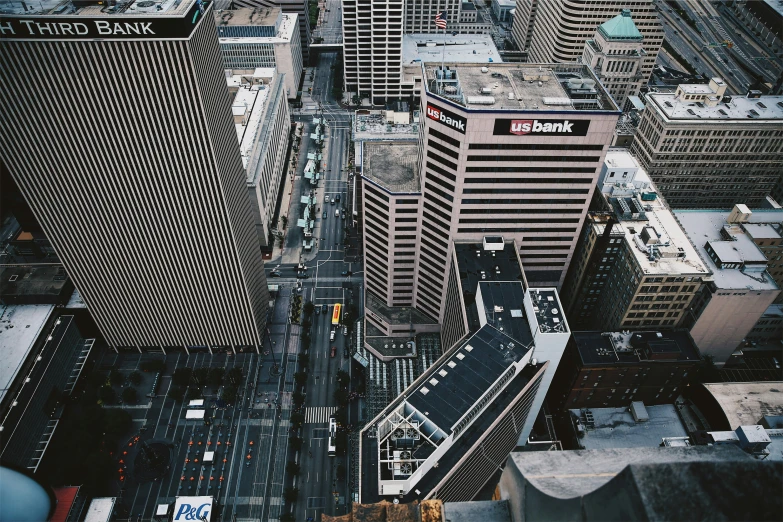 the view looking down on a city street from above