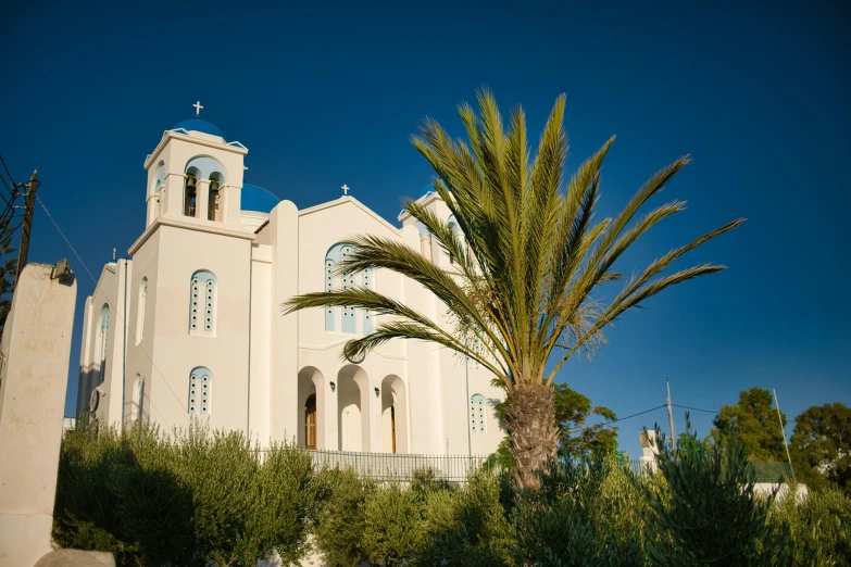 a white church building has tall windows and is surrounded by vegetation