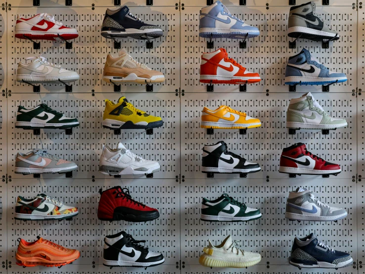 there are many shoes that can be seen on the wall