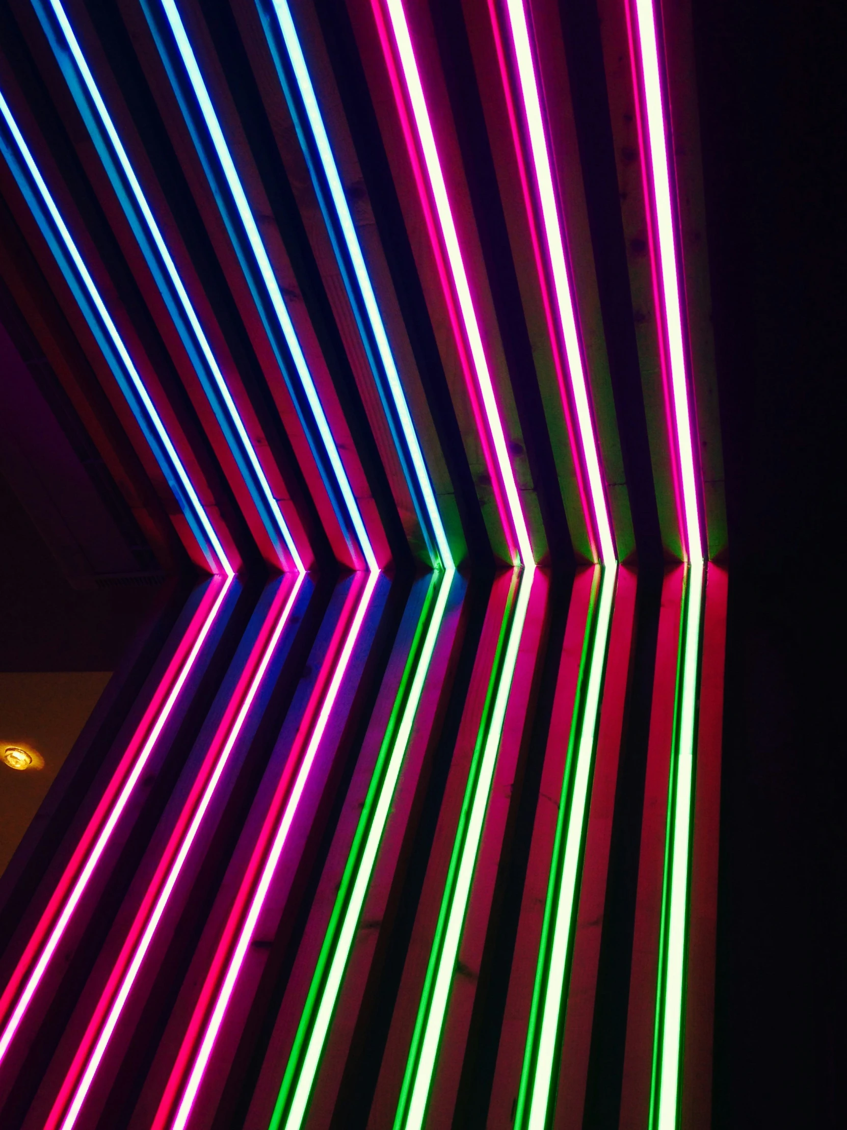 brightly colored lights line the ceiling and walls