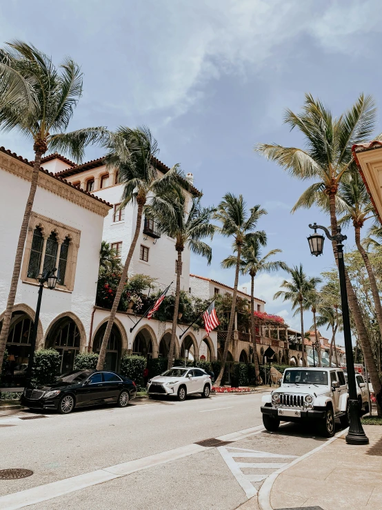 cars parked outside a building with palm trees and flags