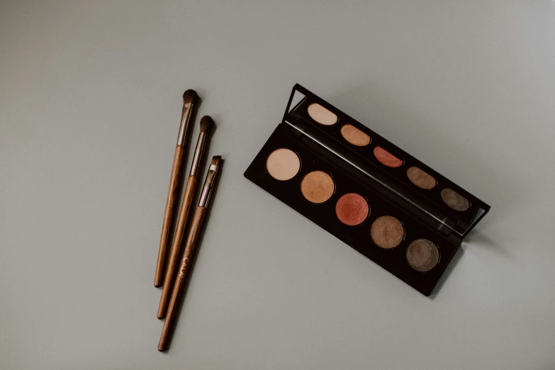 two brushes, eye shadows, and makeup powder sit on a counter