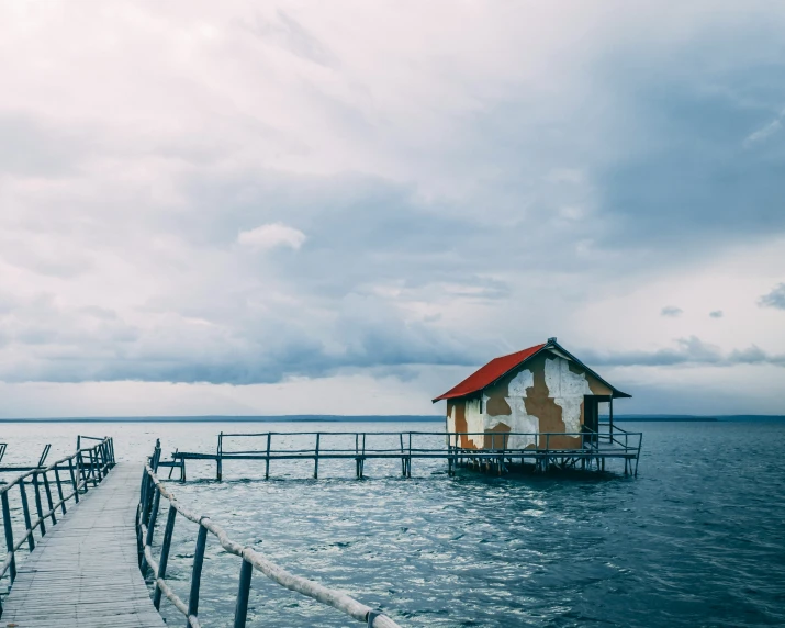 there is a small wooden pier on the water