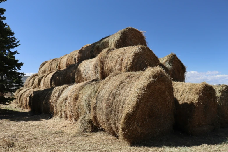 a pile of hay sitting on top of a green field