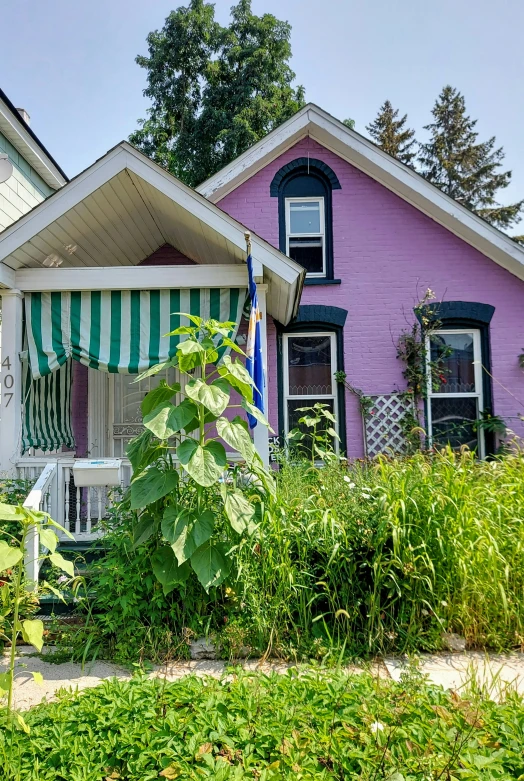 the purple house has a pretty striped awning in front of it