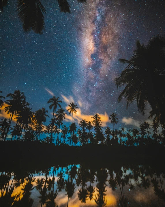 a reflection of the night sky in a pool