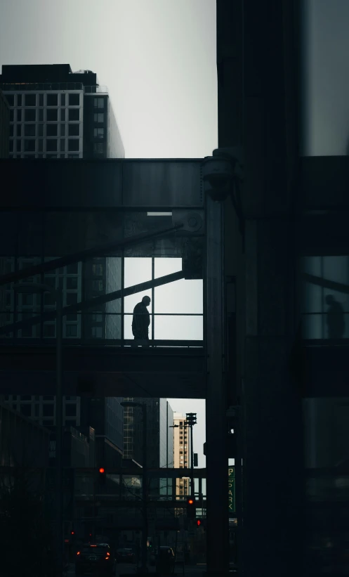 a person on a high walkway crossing over street in city