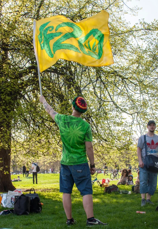 a person holding a flag on a grassy field