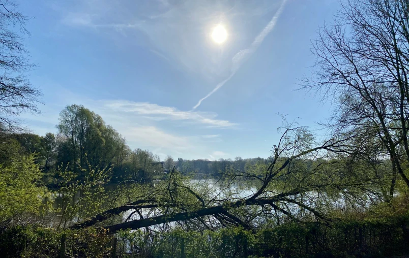 a bright sun reflecting in the water of the lake