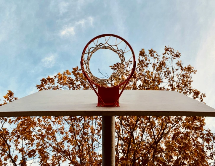 a view from below at a basketball hoop against a blue sky