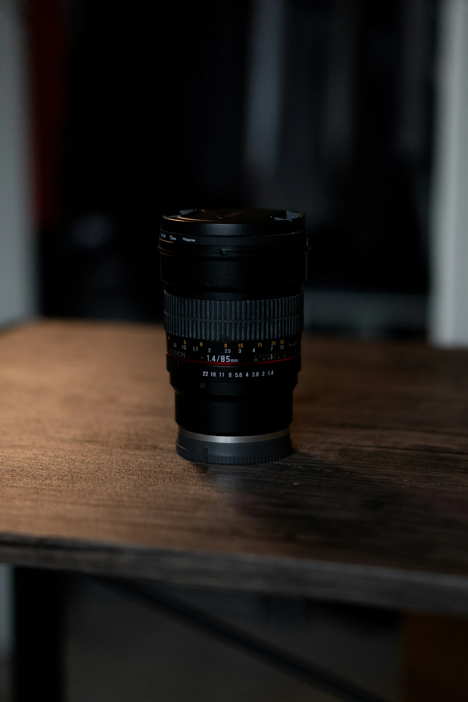 the camera lens sitting on top of the wooden desk