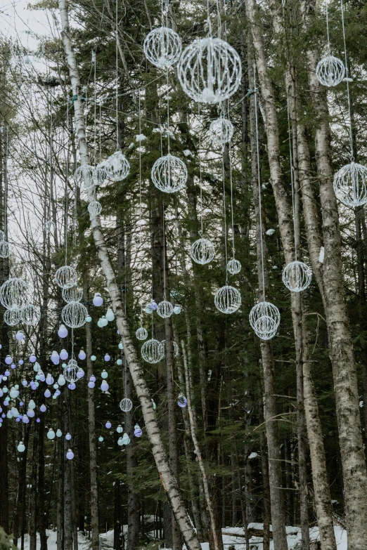 several circular, clear glass balls suspended in the air