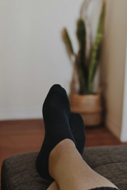 a man with black socks sitting on top of a couch next to cactus