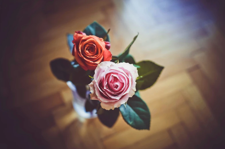 three roses in a vase sitting on a wood table