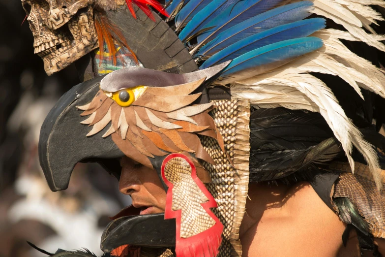 a man wearing a multi - colored feather mask in a procession