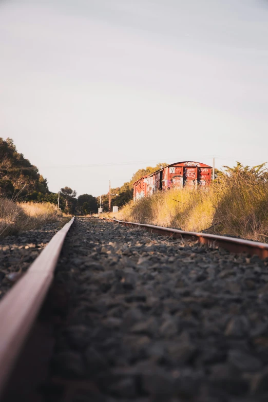 a train sits in a field near some train tracks