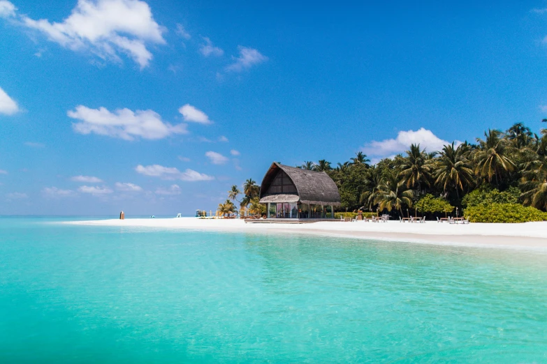 a tropical resort beach with water and palm trees