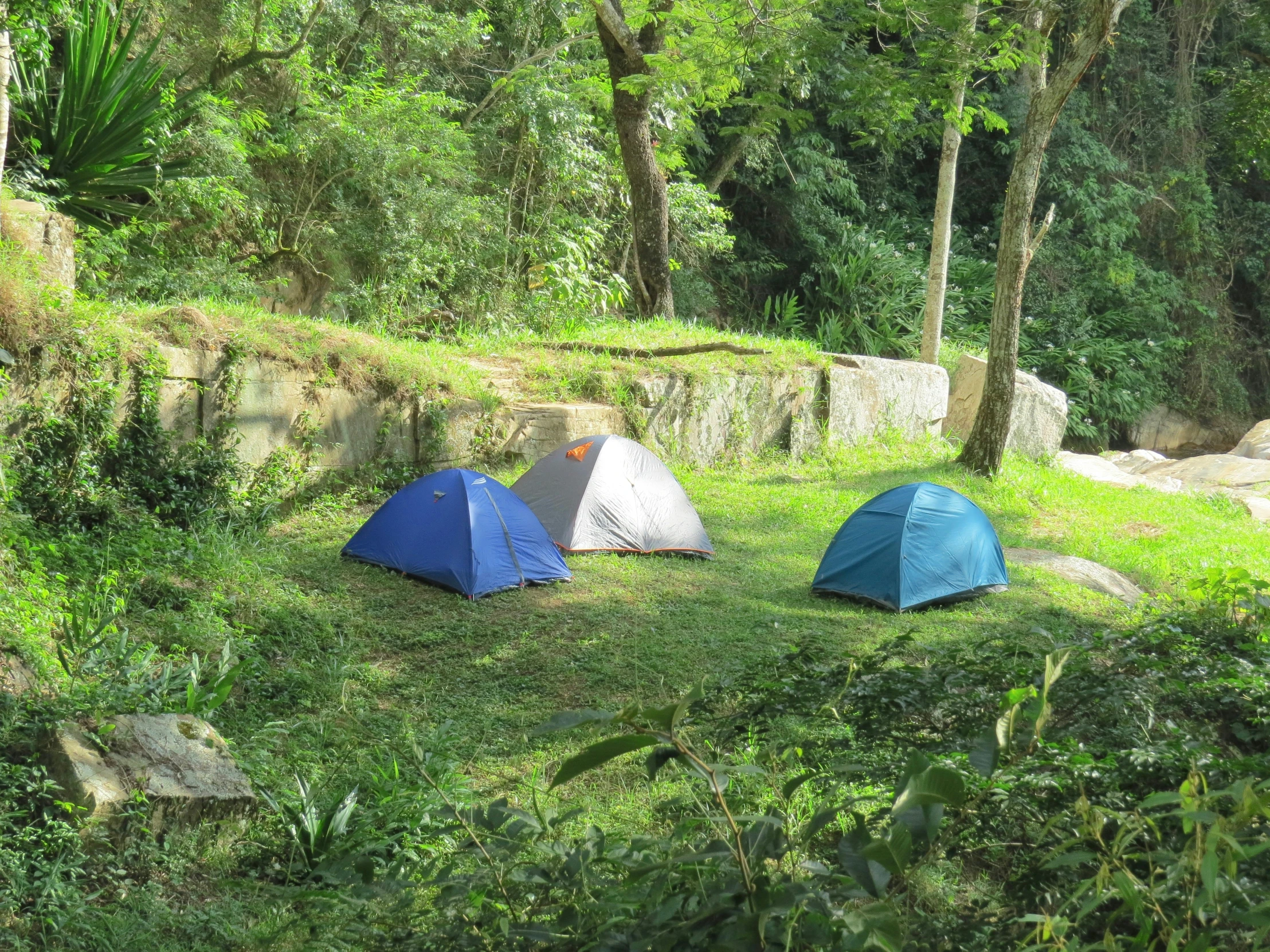 two tents sitting in the grass on the side of a hill