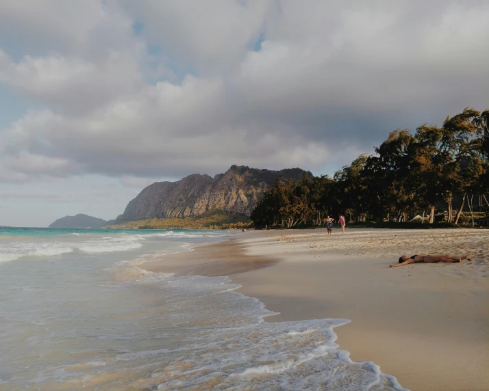 a beach area with white water and lots of trees