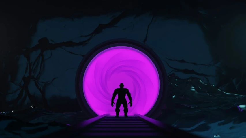 a man standing inside of a tunnel in a purple light
