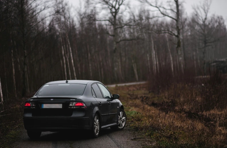 a black car is parked in a clearing next to some trees