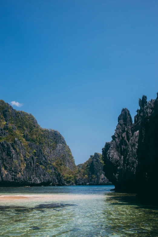 a rocky beach with clear water and green trees