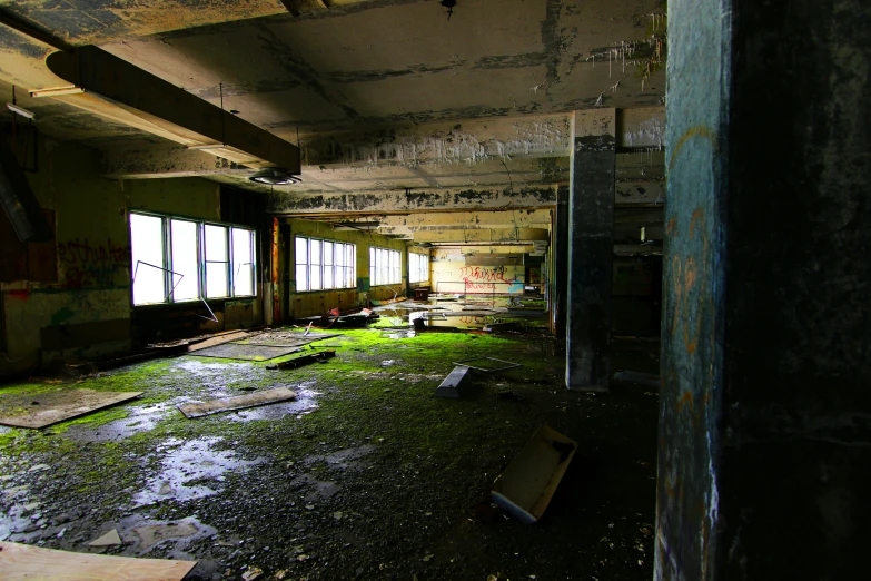 a run down office building filled with lots of windows