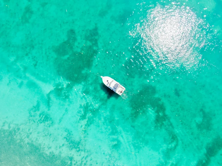 an aerial view of the sea showing a white boat