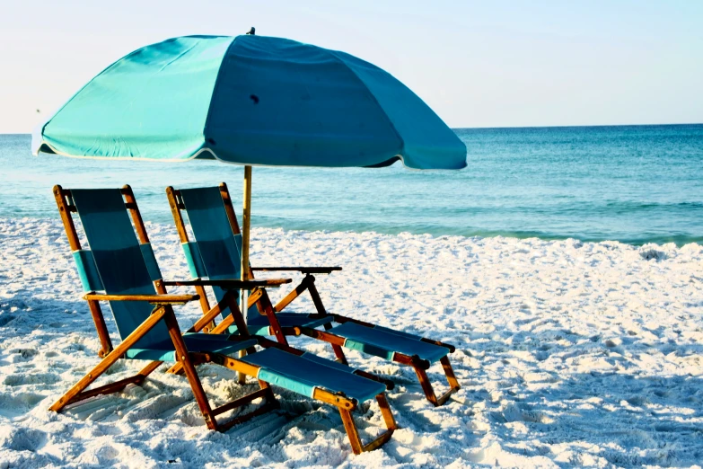 two lawn chairs under a beach umbrella on the beach