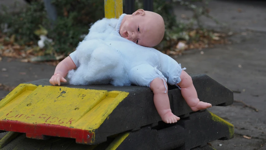 a stuffed baby is sitting on a playground set
