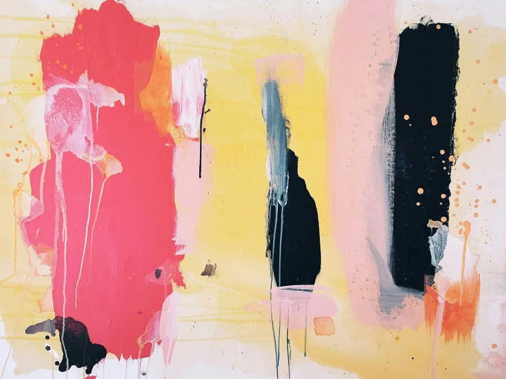 an abstract painting with orange, black, yellow and pink