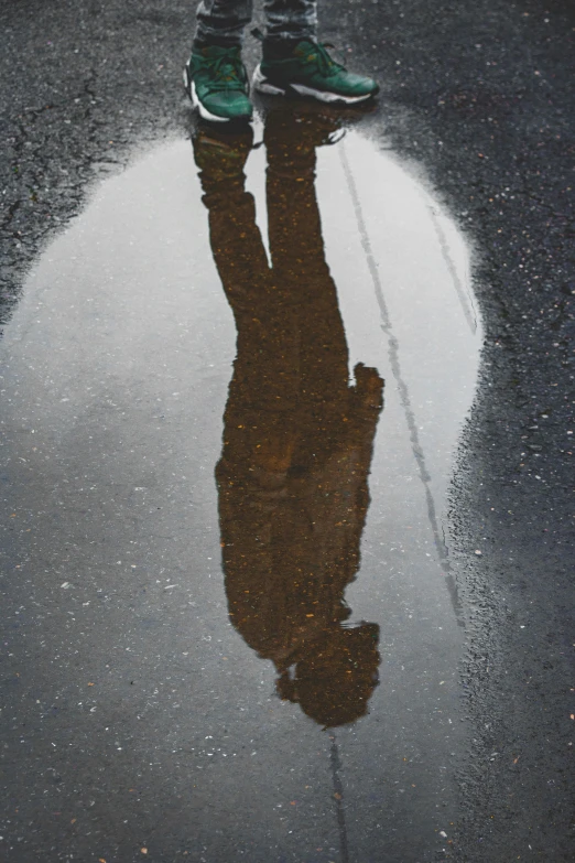 person with their foot on a reflective surface