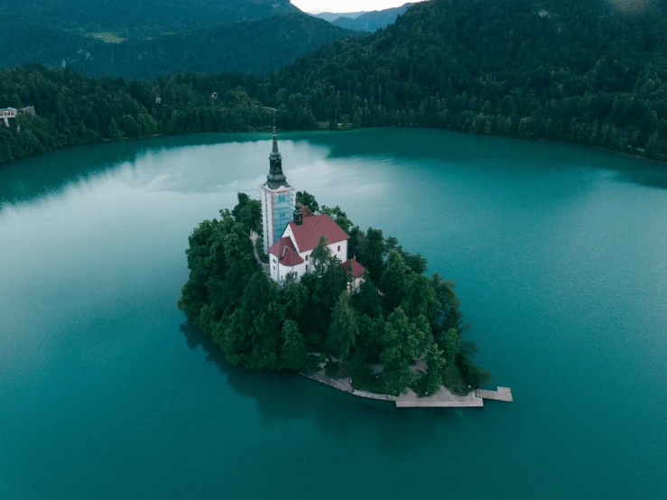 an island in the middle of a lake