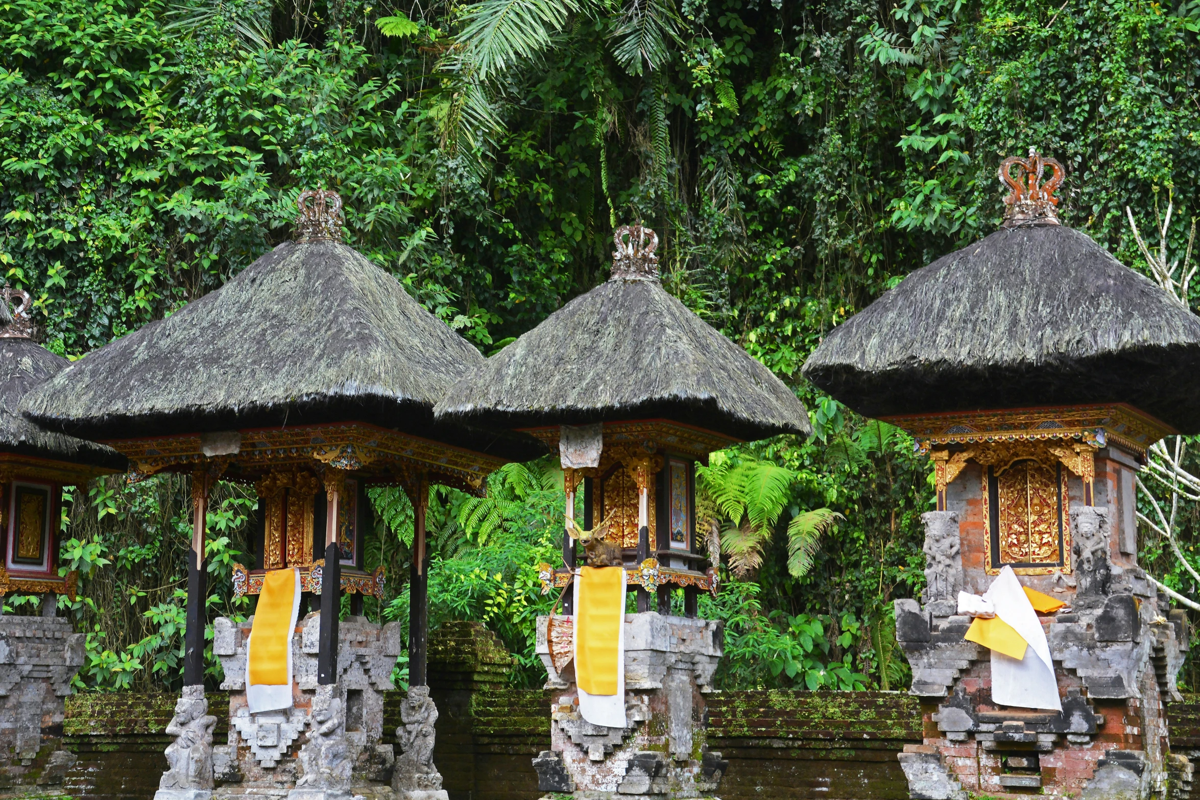 three buildings with thatched roofs and some bushes in the background