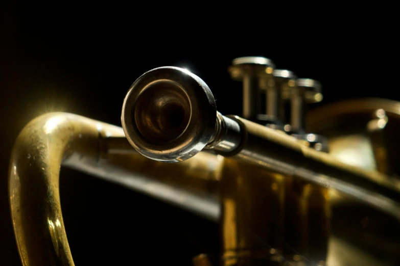 a ss trombone trumpet is seen against a dark background