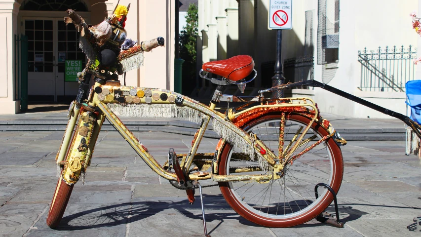 a bicycle that is decorated with various decorations