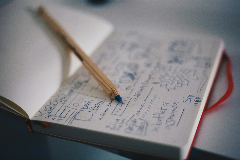 a close up of a book with a pencil on it