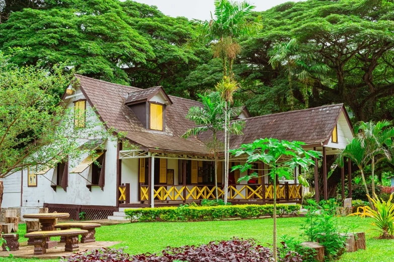 a building sits in the middle of trees with plants growing in front