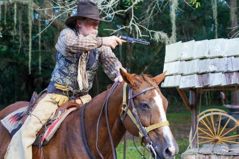 a man in cowboy attire riding a horse