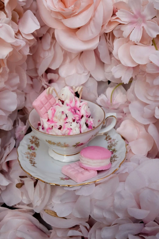 some pink flowers and a bowl filled with cookies