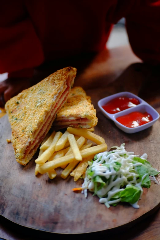 a plate with french fries and a sandwich