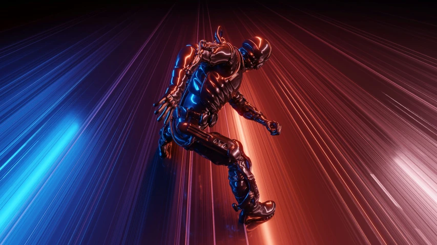 a person in a metallic suit is dancing in a dark room